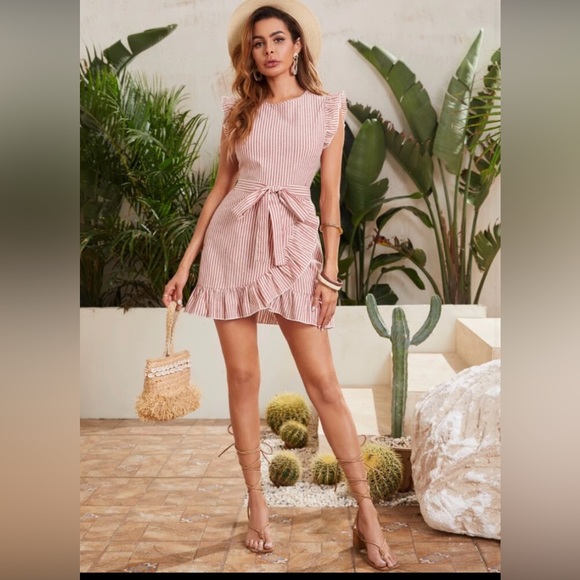 Ruffle Wrap Hem Belted Striped Dress - Picture 3 of 8